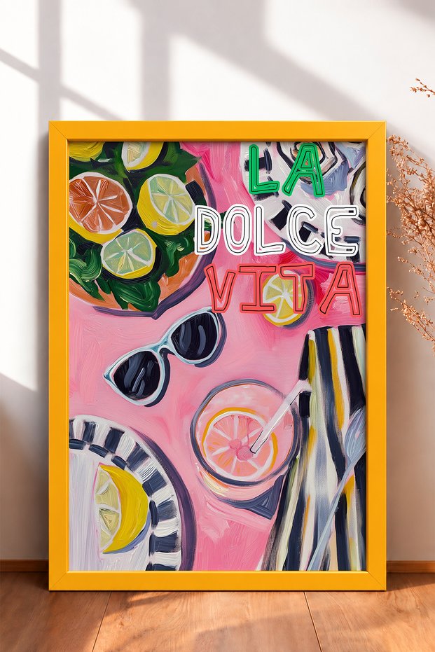 La Dolce Vita Written Pink Tableware Framed Painting Italy Poster Living Room Kitchen Wall Decor Itp004