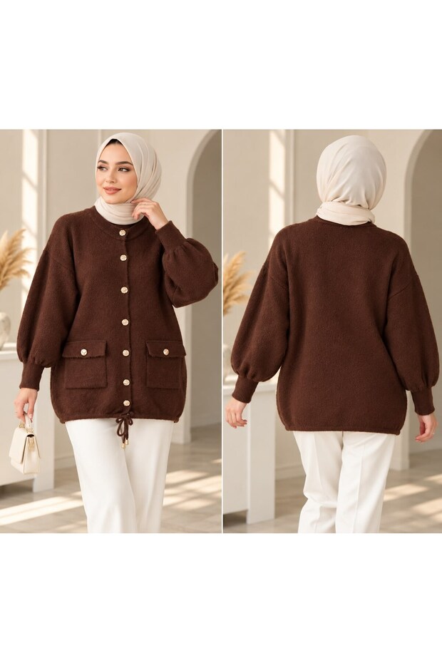 Women's Hijab Lina Gold Button Detailed Gathered Cardigan Brown