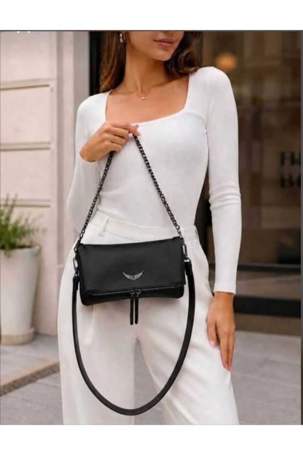 Black Wing Detailed Women's Shoulder Bag and Portfolio Bag