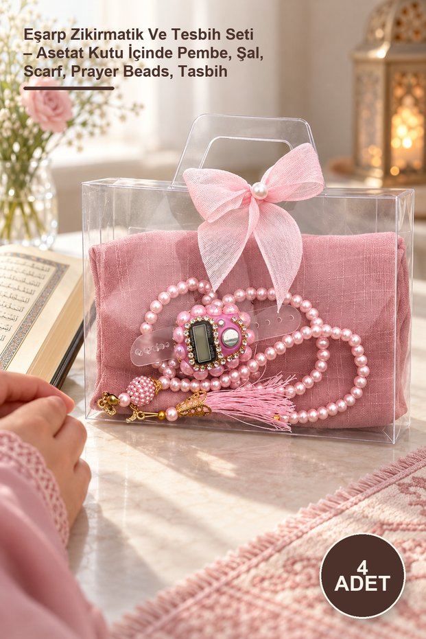 4-Piece Scarf, Zikirmatik and Prayer Beads Set – Pink, Shawl, Scarf, Prayer Beads, Tasbih in Acetate Box