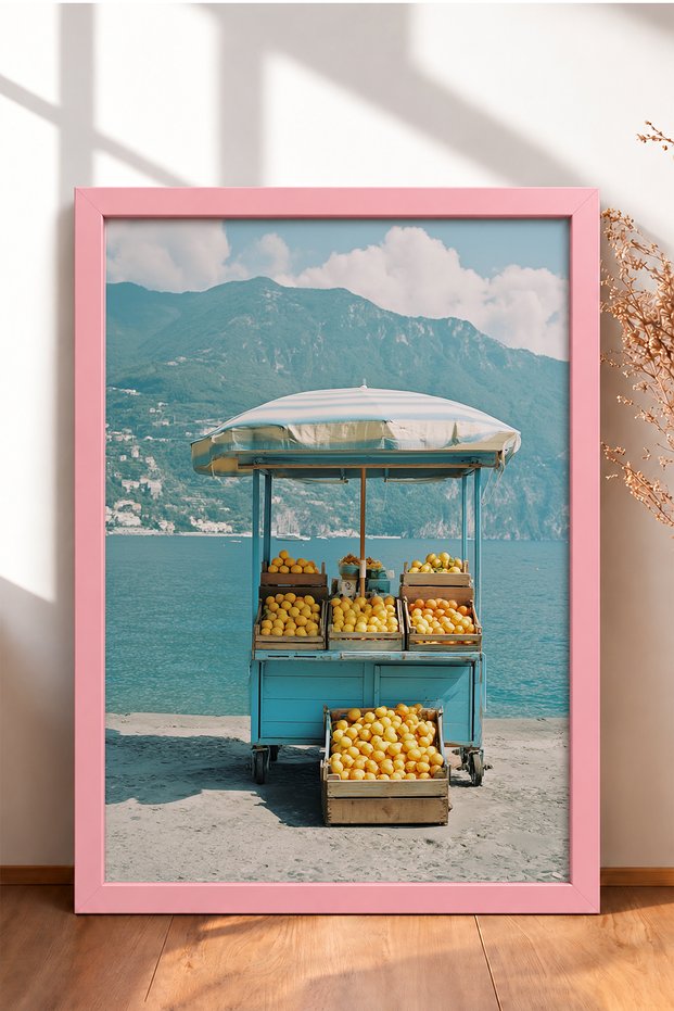 Lemon and Orange Countertop on Beach Framed Painting Italy Poster Living Room Kitchen Wall Decor Itn119