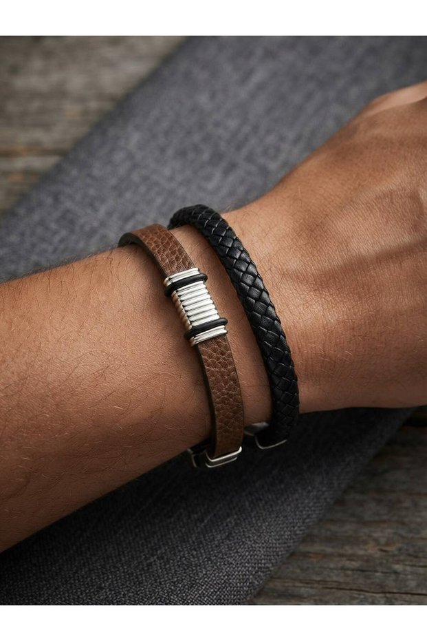 Men's 2-Piece Black Pu Leather Bracelet Set with Scorpion Figure Metal Plate Double Combination Accessory Blk99