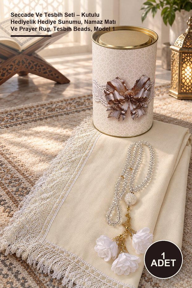 1 Piece Prayer Rug and Prayer Beads Set – Boxed Gift Set, Prayer Mat and Prayer Rug, Prayer Beads, Model 1