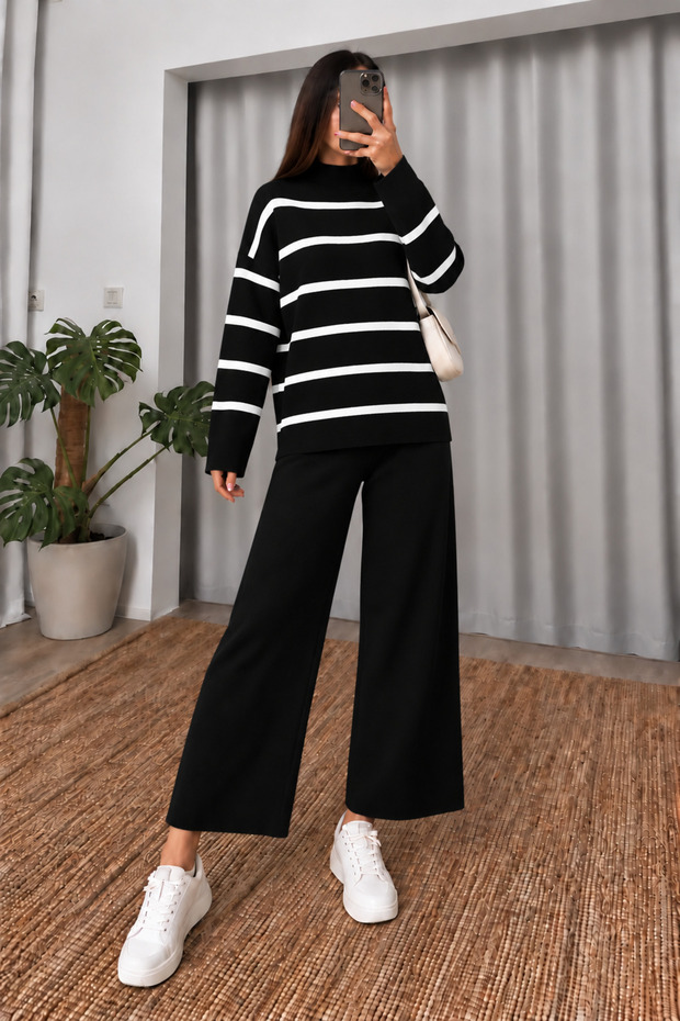 Women's Black Striped Top and Bottom Knitwear Pants Set Nj201