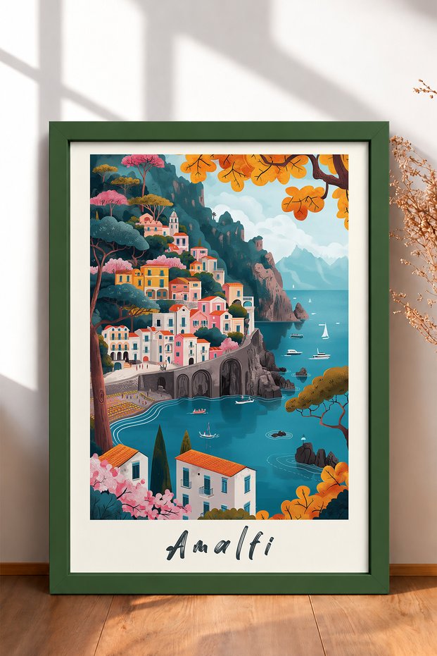 Amalfi Stone Bridge and Orange Leaves Framed Painting Italy Poster Wall Decor Itp006