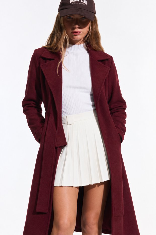 Women's Wide Collar Belted Long Burgundy Coat with Side Pockets