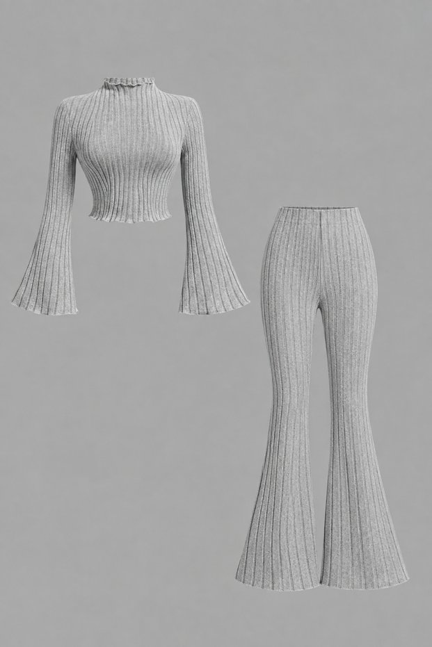 Beige Knitwear Flounce Spanish Flared High-Waist Top and Bottom Set