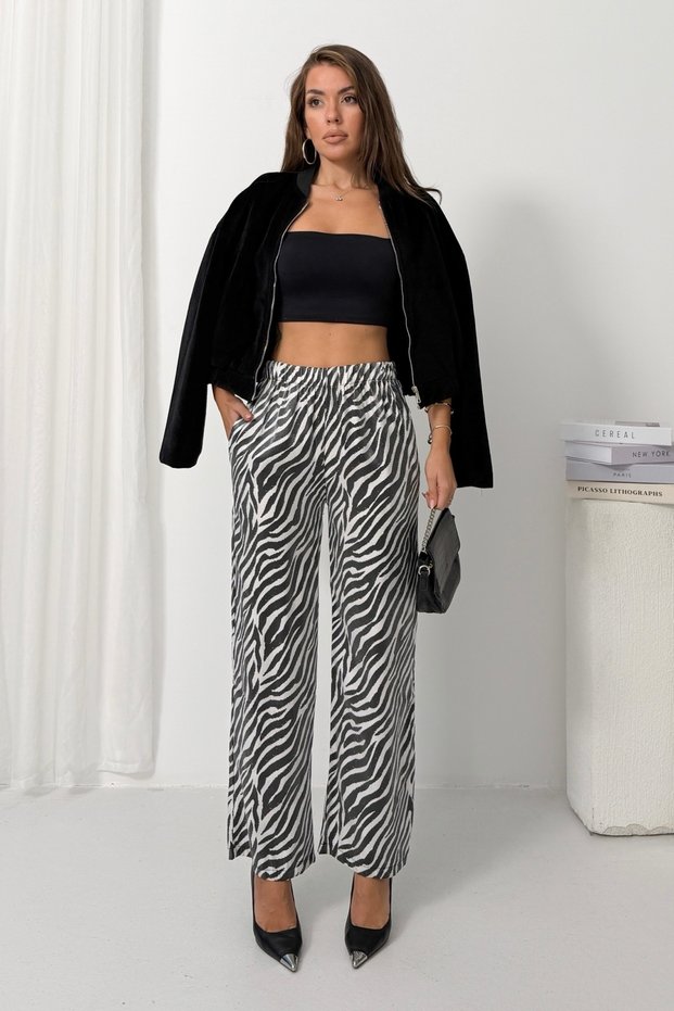 Women's Ecru-Black Patterned High Satin Trousers Nj203