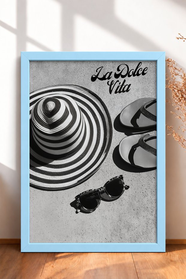 La Dolce Vita Straw Hat and Slippers Framed Painting Italy Poster Living Room Kitchen Wall Decor Itn109