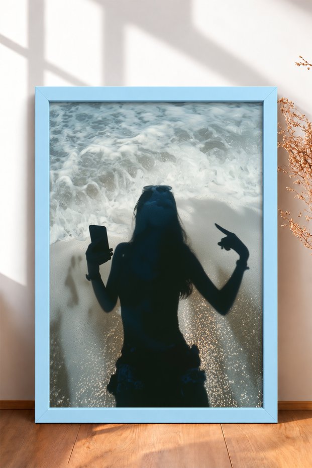 Woman Shadow on the Beach with Phone Framed Painting Italy Poster Living Room Kitchen Wall Decor Itn116
