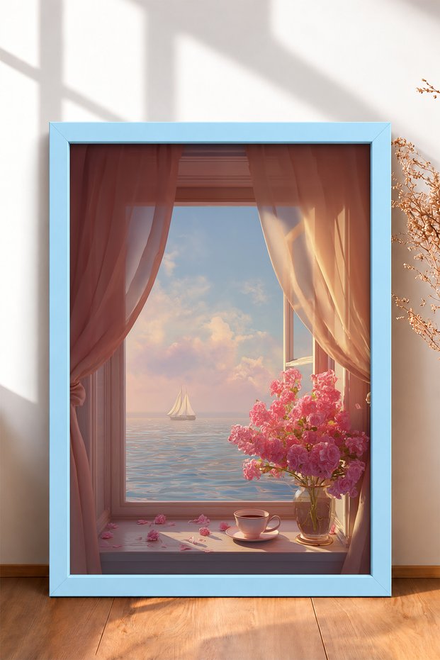 Sea and Sailboats View from the Window Framed Painting Italy Poster Wall Decor Itn110