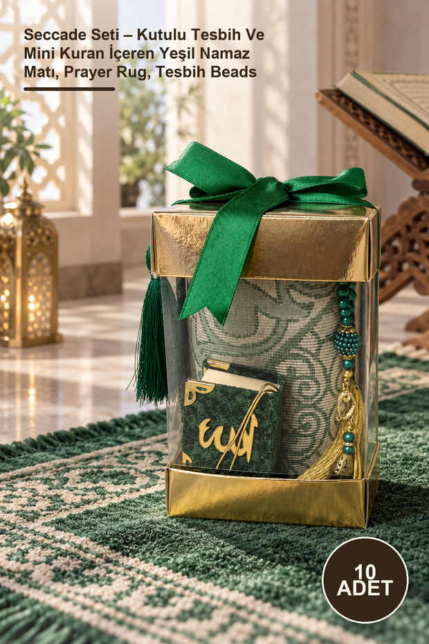 10-Piece Prayer Rug Set – Green Prayer Mat with Boxed Prayer Beads and Mini Quran, Prayer Rug, Prayer Beads