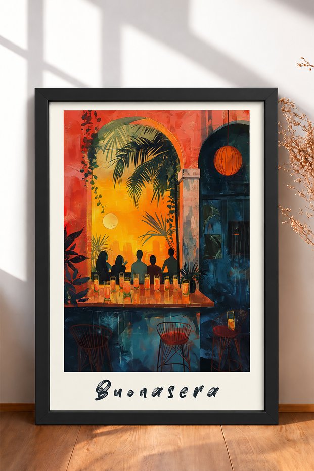 Buonasera Written Sunset Bar Framed Painting Italy Poster Living Room Kitchen Wall Decor Itp018