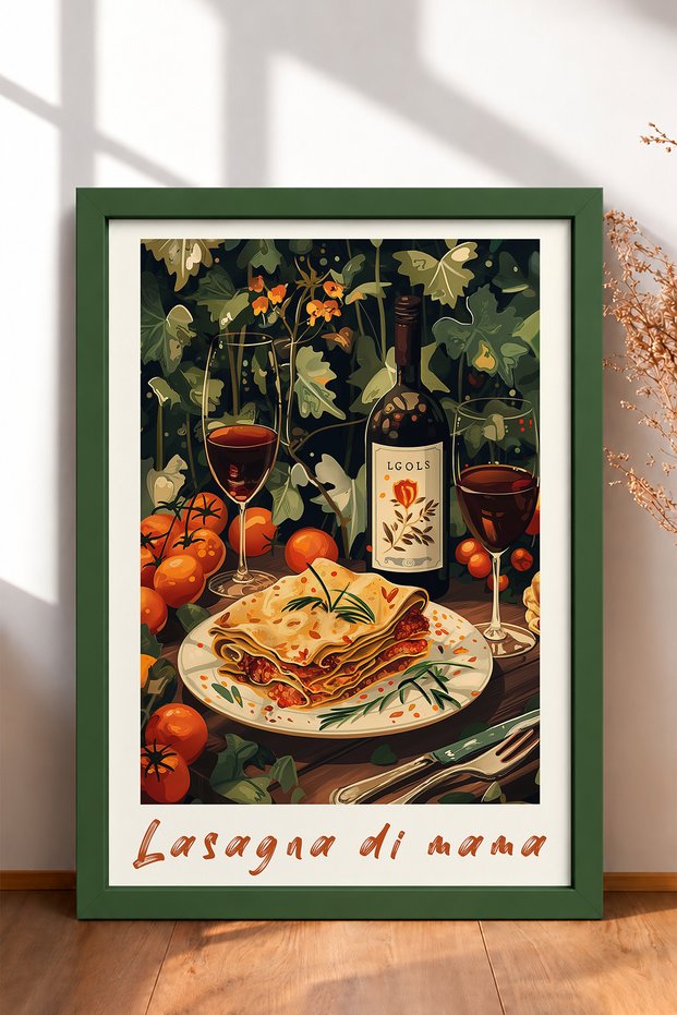 Lasagna Di Mama Written Lazanya and Wine Framed Painting Italy Poster Wall Decor Itp038