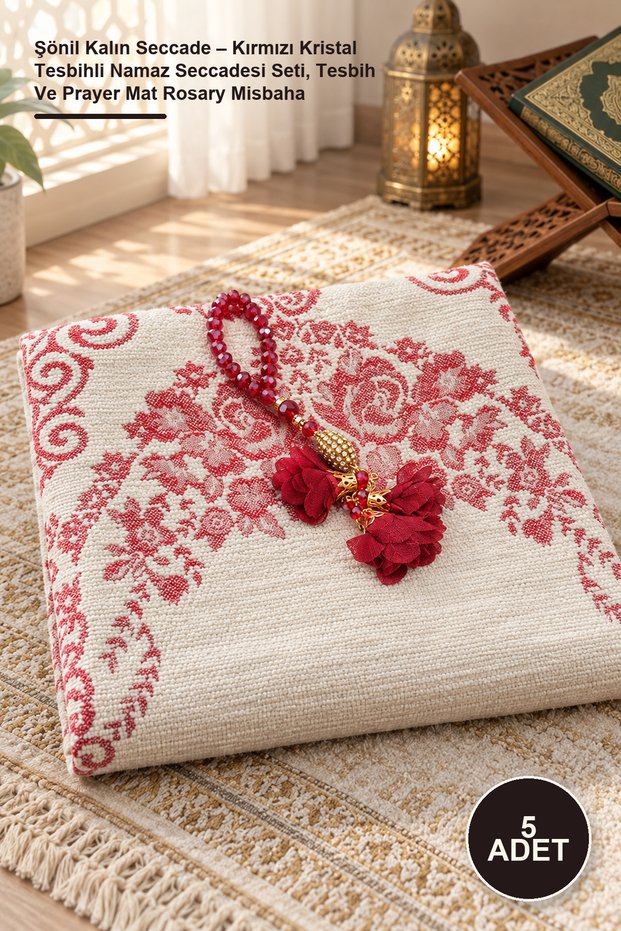 5 Pieces Chenille Thick Prayer Mat – Red Crystal Prayer Mat Set with Prayer Beads, Prayer Mat Rosary Misbaha
