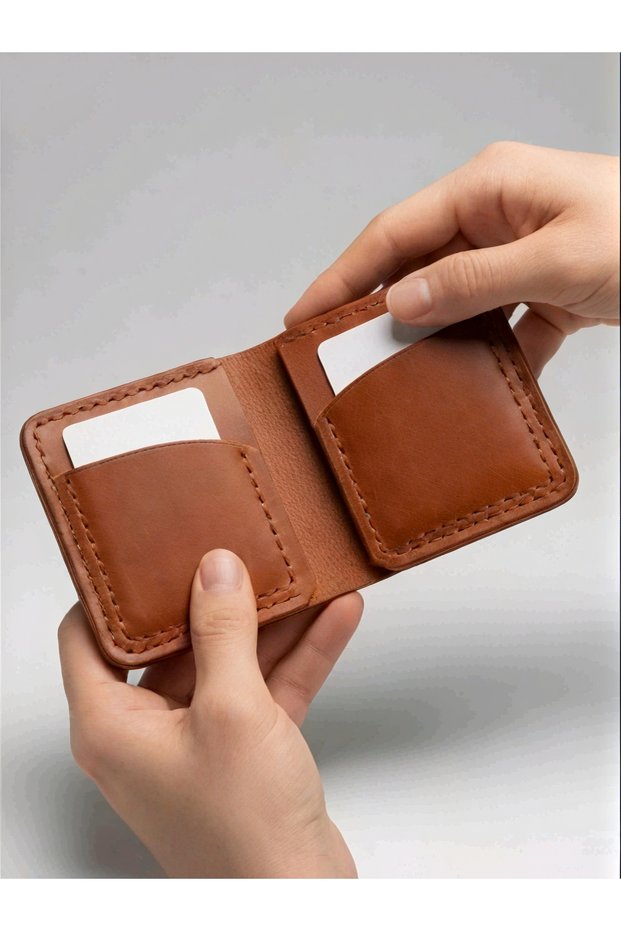 Genuine Leather Snap Fastener Card Holder and Minimalist Wallet (Dual Compartments & Hand-Sewn Detail)