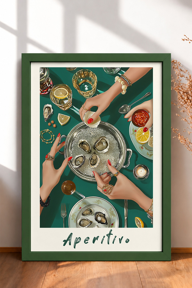 Aperitivo Written Oysters and Glasses Framed Painting Italy Poster Wall Decor Itp026