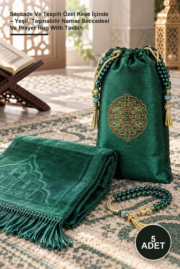 5 Prayer Mats and Prayer Beads in a Special Pouch – Green, Portable Prayer Mat and Prayer Rug with Prayer Beads