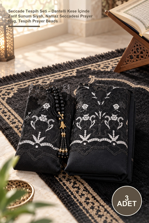 3-Piece Prayer Rug and Rosary Set – Elegant Presentation in a Lace Pouch Black, Prayer Rug, Rosary Prayer Beads