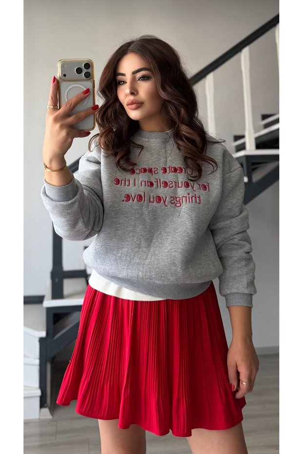 Gray melange sweatshirt with red text print