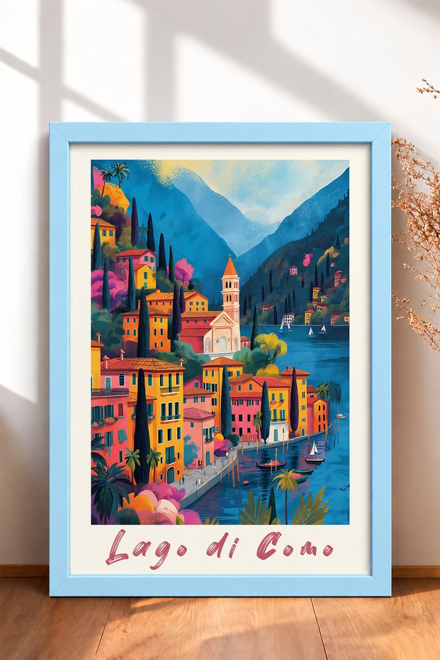 Lake Como Servili Coast and Campanile Framed Painting Italy Poster Wall Decor Itp034