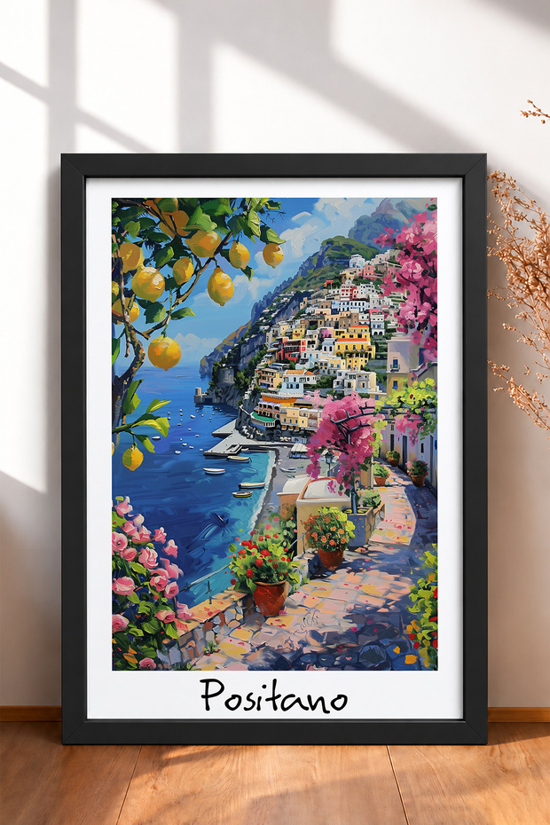 Positano Bougainvillea and Lemon Patika Framed Painting Italy Poster Living Room Kitchen Wall Decor Itp043