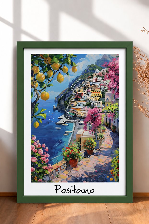 Positano Bougainvillea and Lemon Patika Framed Painting Italy Poster Living Room Kitchen Wall Decor Itp043