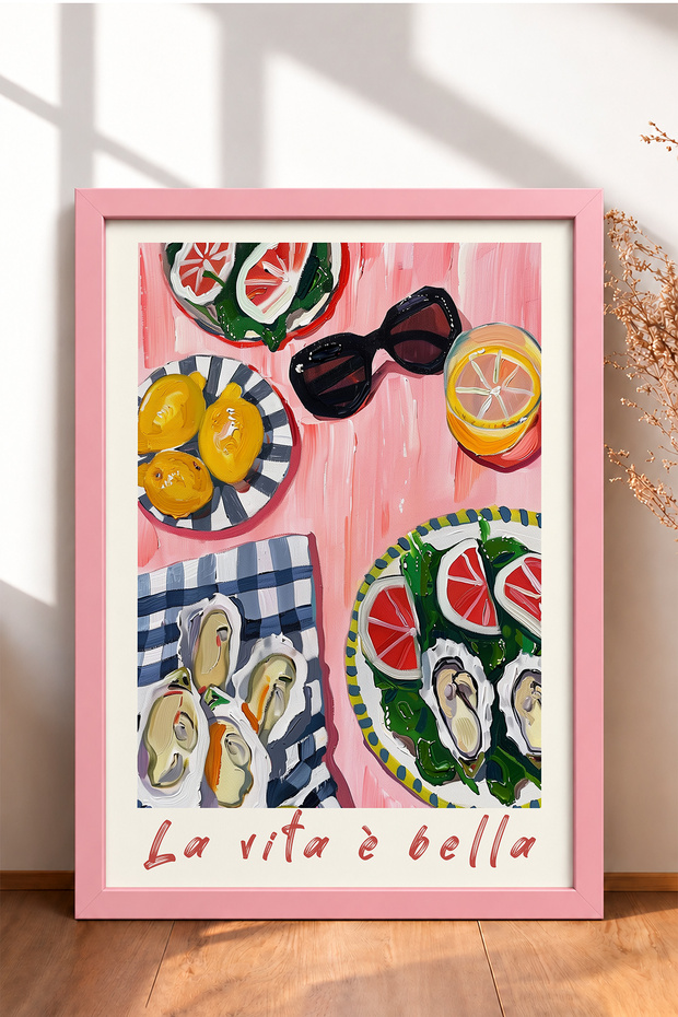 La Vita È Bella Pink Table Oyster Framed Painting Italy Poster Wall Decor Itp022