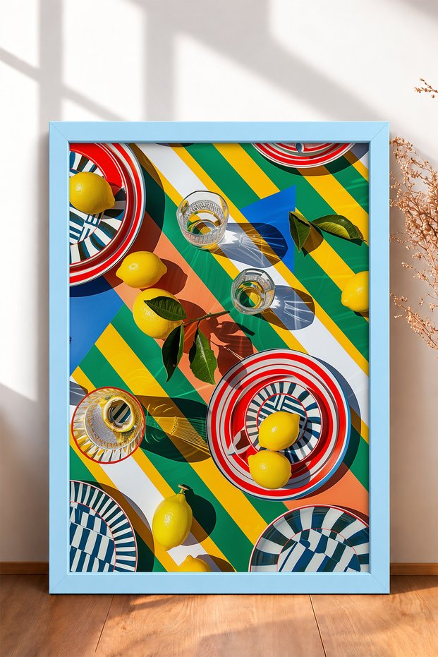 Striped Table with Lemons and Plates Framed Painting Italy Poster Living Room Kitchen Wall Decor Itp013