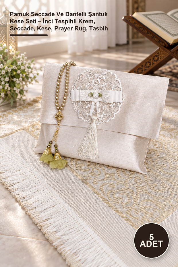 5-Piece Cotton Prayer Rug and Lace Pouch Set – Cream with Pearl Prayer Beads, Prayer Rug, Pouch, Prayer Mat, Tasbih