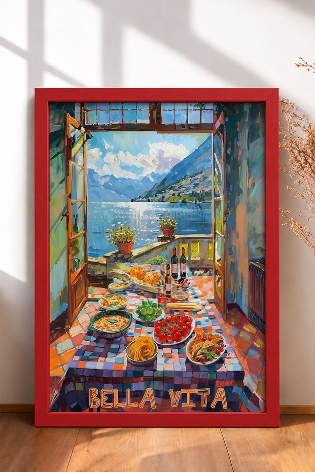 Bella Vita Written Lake View Table Framed Painting Italy Poster Wall Decor Itp016