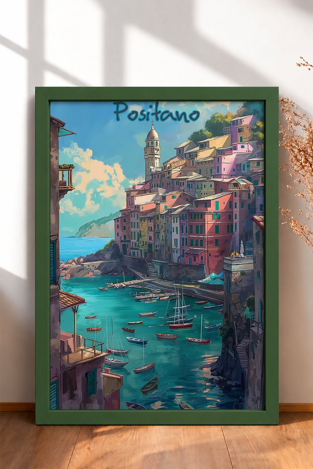 Colorful Boats in Positano Harbor Framed Painting Italy Poster Living Room Kitchen Wall Decor Itp032