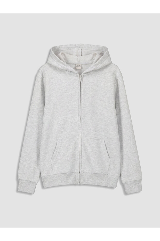 Ozmarka New Season Gray Hooded Girls' Zippered Sweatshirt