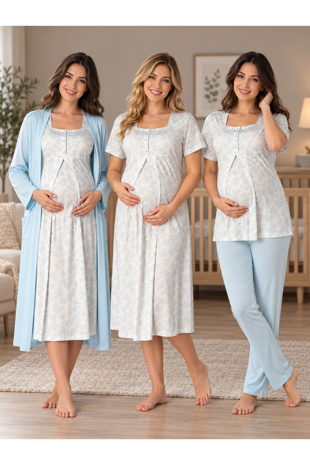 Cotton Maternity Pajama Set with Robe, 4-Piece Postpartum Set, Effortt