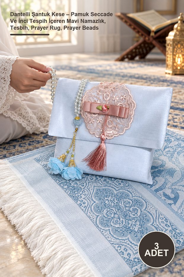 3 Lace-Trimmed Pouches – Blue Prayer Mat with Cotton Prayer Rug and Pearl Rosary, Prayer Rug, Prayer Beads