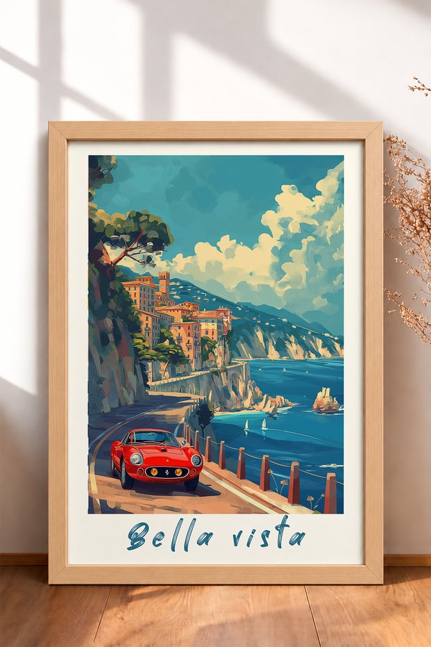 Bella Vista Written Red Classic Car Framed Painting Italy Poster Wall Decor Itp030
