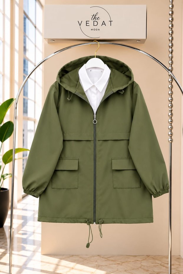 Women's Hooded Double Pocket Raincoat -0550 Khaki
