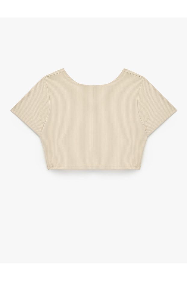 Ribbed Crop Sports T-Shirt with Removable Pads and Low Back Cutout