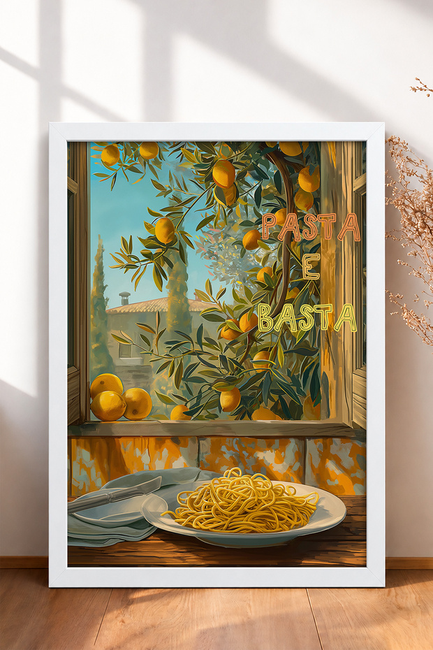 Pasta E Basta Lemon in Window Spaghetti Framed Painting Italy Poster Wall Decor Itp024