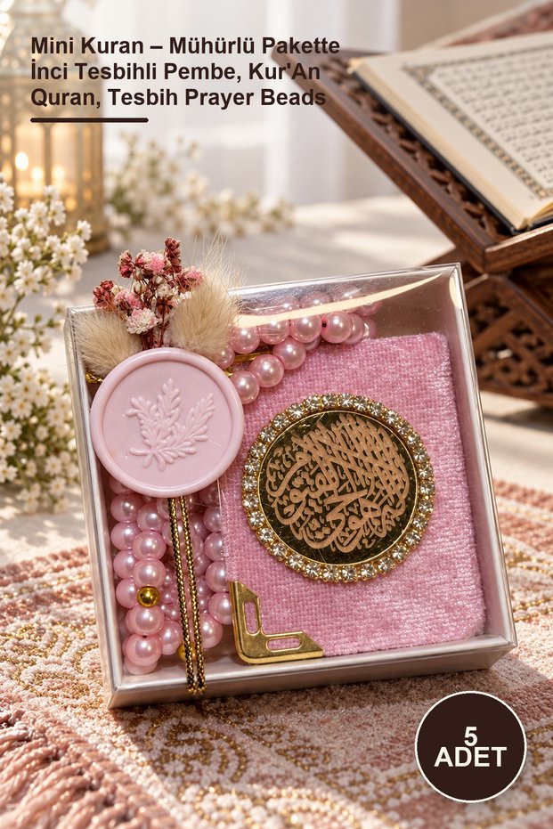 5 Mini Quran Books - Pink with Pearl Prayer Beads in Sealed Package, Kur'An Quran, Tesbih Prayer Beads