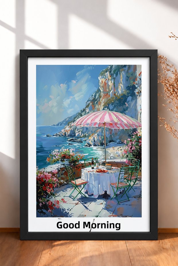 Buongiorno Written Umbrellaed Sea Terrace Framed Painting Italy Poster Wall Decor Itp027