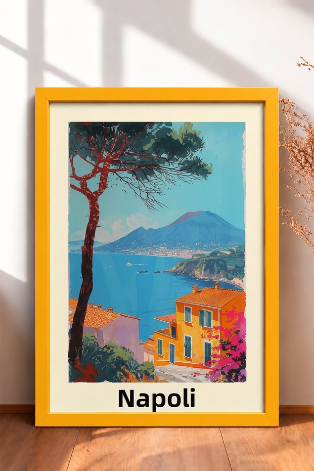 Naples Bay with Pine Tree and Vesuvius Framed Painting Italy Poster Living Room Kitchen Wall Decor Itp047