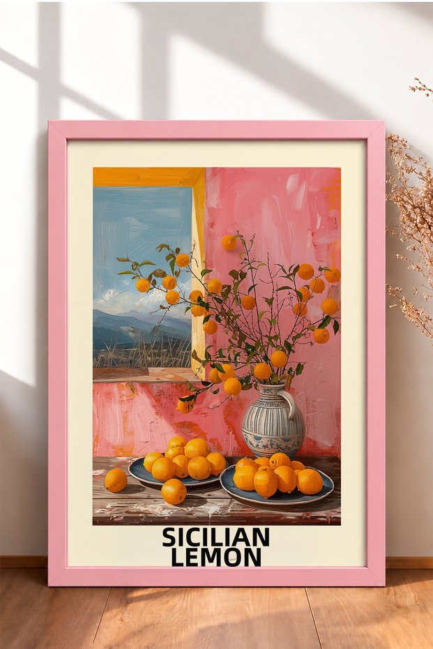 Sicilian Lemon Written Citrus Tabletop Framed Painting Italy Poster Wall Decor Itp015