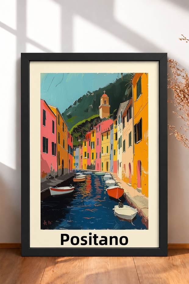 Positano Navy Blue Kayaks in the Channel Framed Painting Italy Poster Living Room Kitchen Wall Decor Itp037