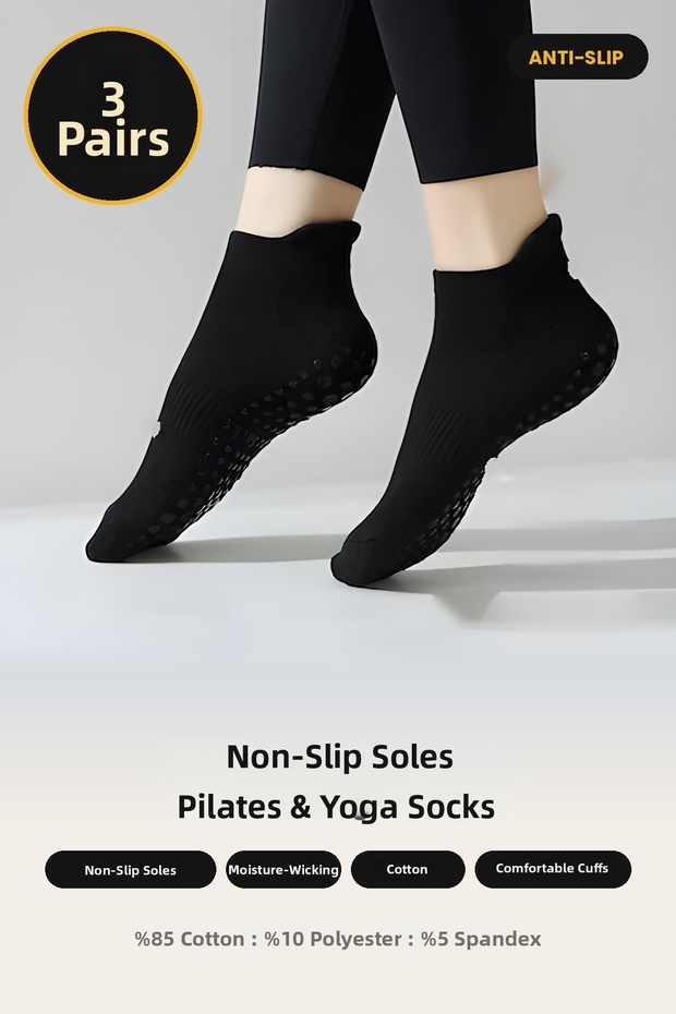 3 Pairs of Women's Non-Slip Silicone Sole Patterned Pilates and Yoga Socks