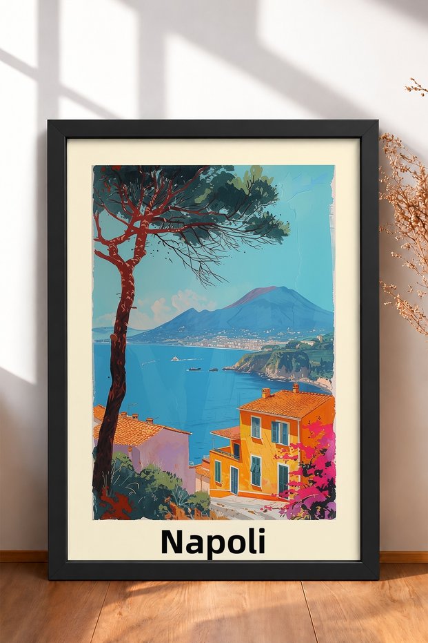 Naples Bay with Pine Tree and Vesuvius Framed Painting Italy Poster Living Room Kitchen Wall Decor Itp047