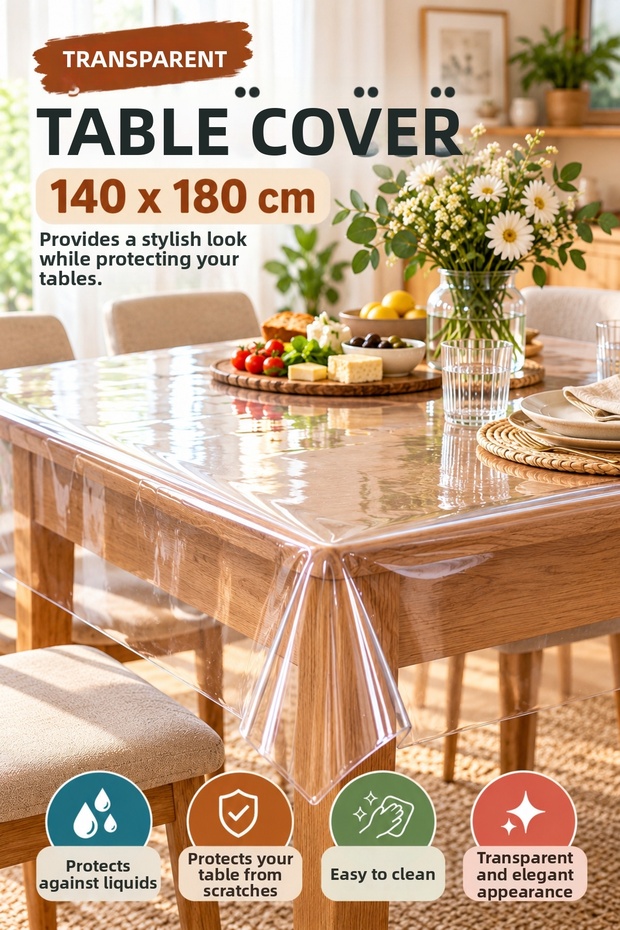 غطاء طاولة شفاف 140x180 سم، غطاء حماية للطاولة من مادة PVC الشفافة، قابل للمسح، لطاولة طعام المطبخ