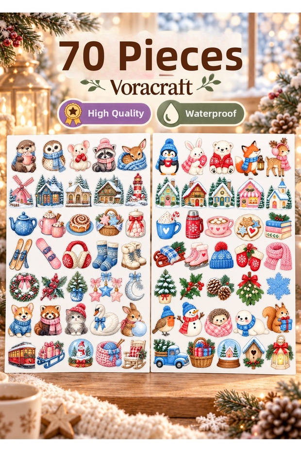 70 Pieces Winter and New Year Themed Sticker Set – Winter Themed Agenda, Notebook, and Gift Wrapping Decoration Stickers Ybs0023