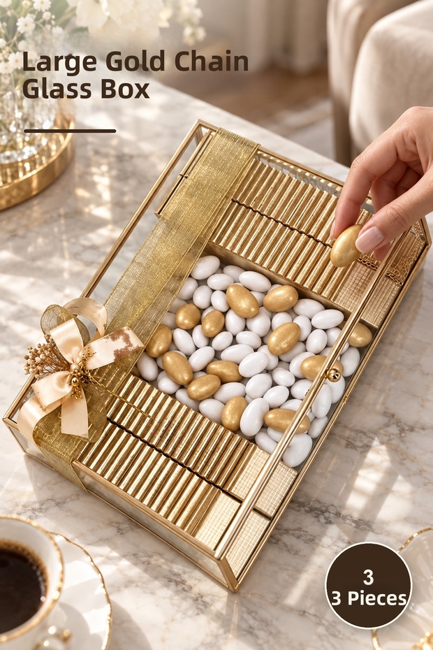 3 Pieces Large Size Chain Glass Box Gold