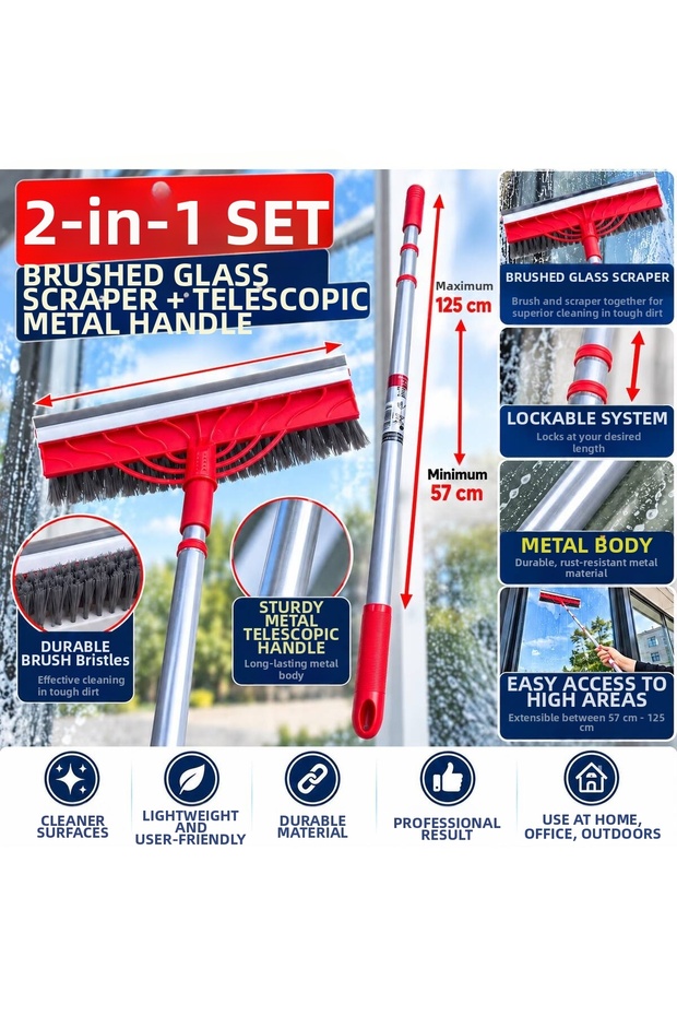 Camsil Squeegee with Brush + Telescopic Metal Handle – 2-Piece Professional Glass Cleaning Set Practical
